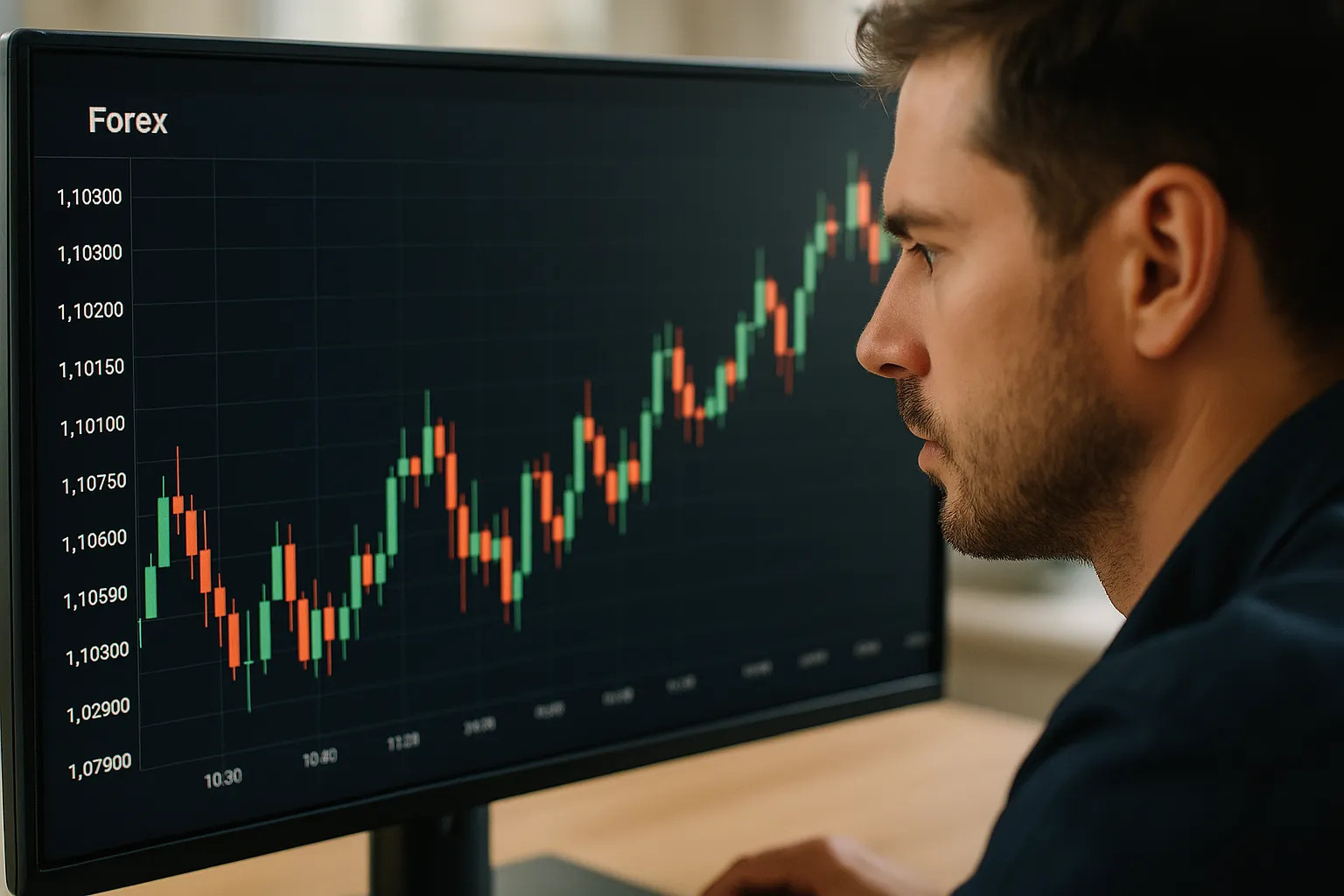 Gráficos de candlestick do mercado Forex em uma tela de computador, com um trader focado analisando os dados para tomar decisões de investimento.