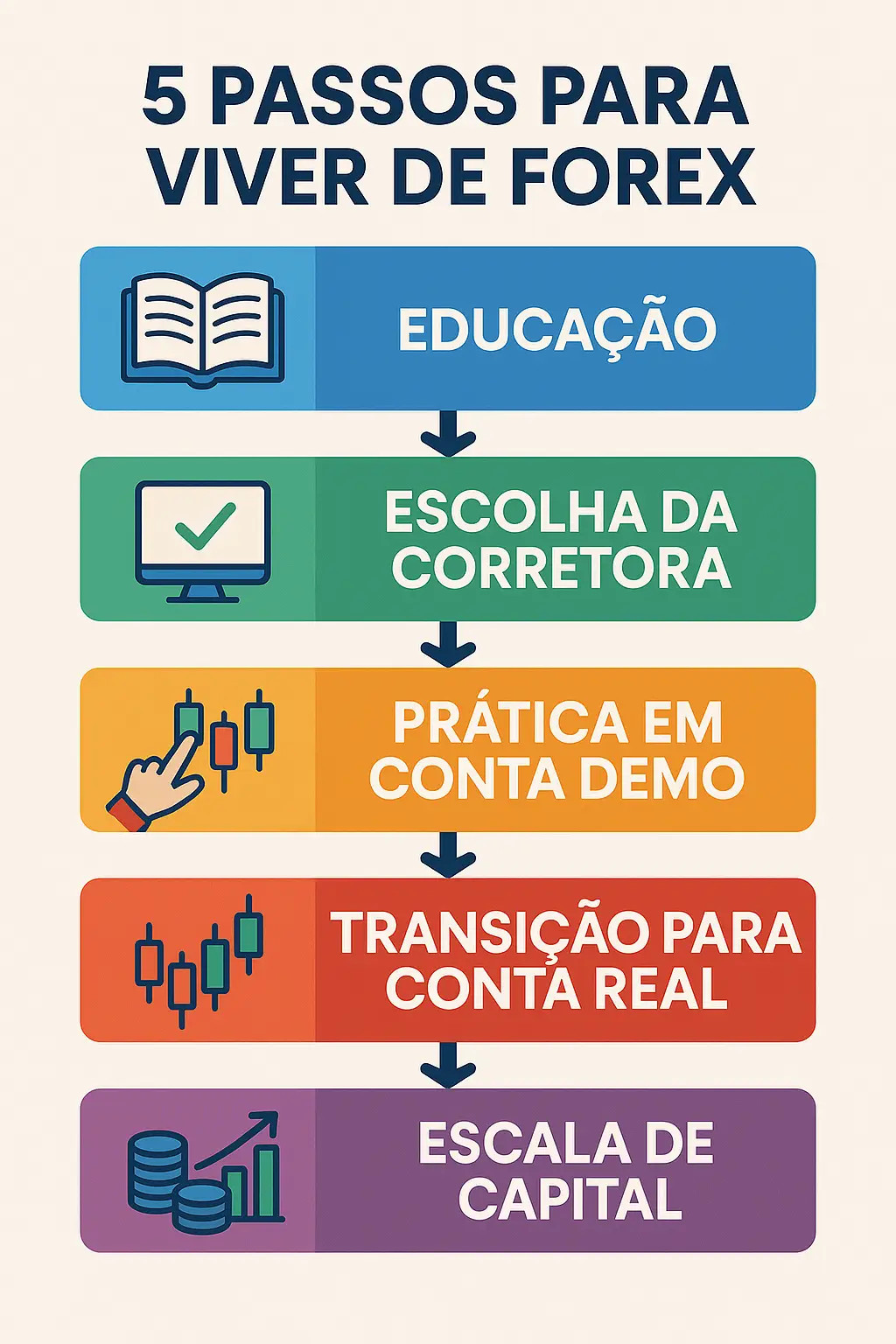 Infográfico ilustrando os 5 passos para viver de Forex: Educação, Escolha da Corretora, Prática em Conta Demo, Transição para Conta Real e Escala de Capital.
