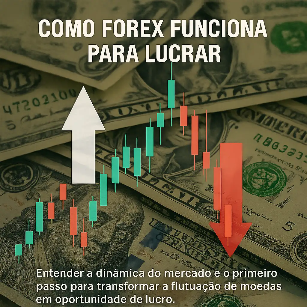 Gráfico de velas (candlestick) com setas ascendentes e descendentes sobrepostas a notas de dólar, ilustrando como o Forex funciona para obter lucro.