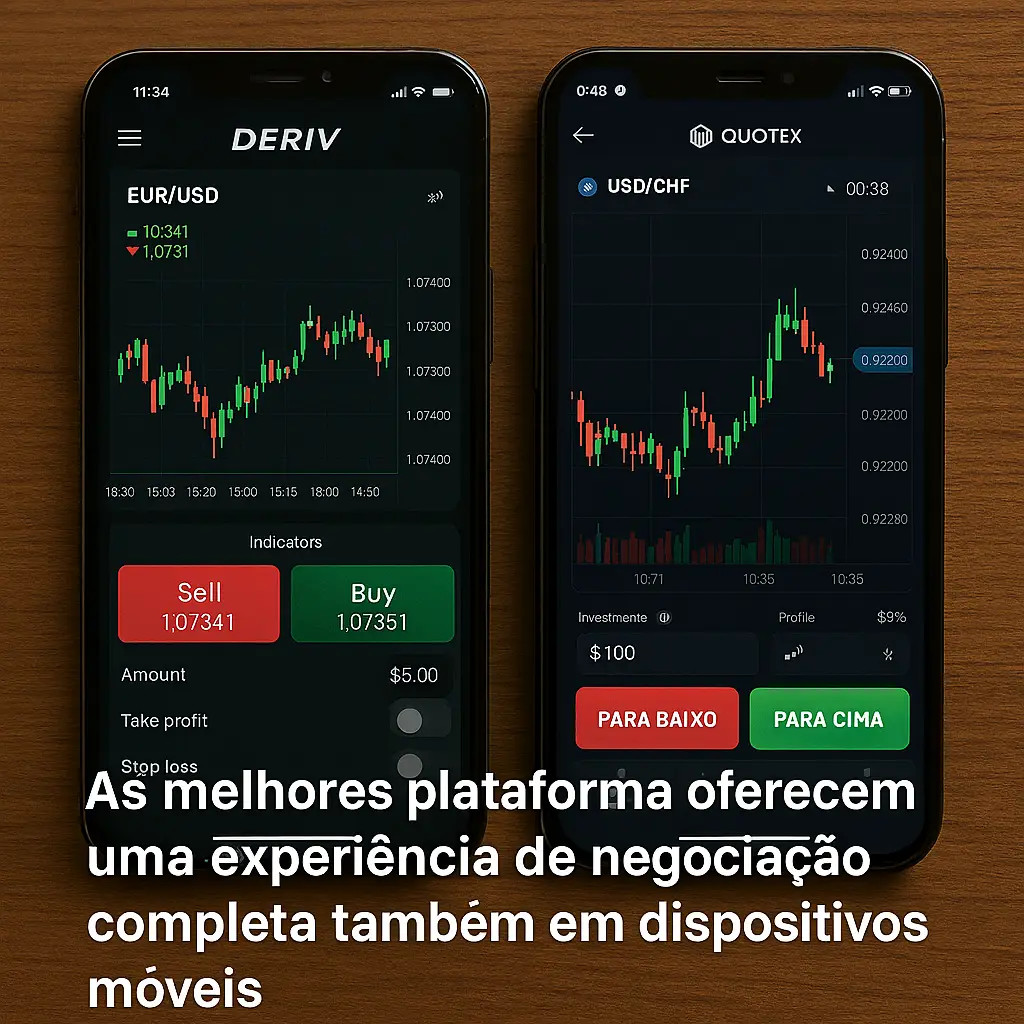 Comparativo das interfaces das plataformas Deriv e Quotex em telas de celular, mostrando a facilidade de uso para traders iniciantes.