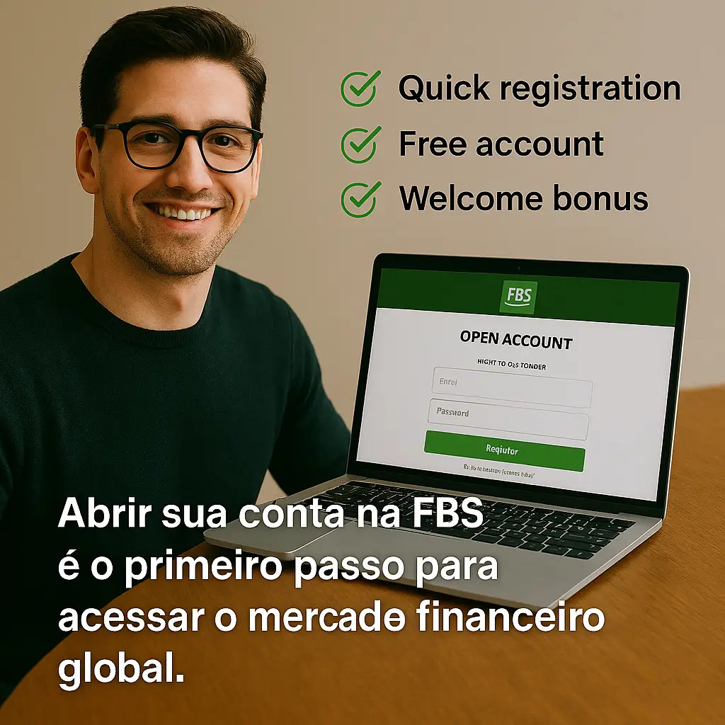 Pessoa sorrindo em frente a um computador exibindo a página de registro da corretora FBS, com um checklist ao lado.