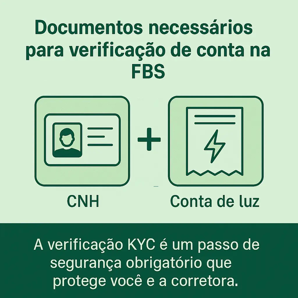 Infográfico mostrando os documentos necessários para a verificação de conta na FBS: um ícone de CNH e um ícone de conta de luz.