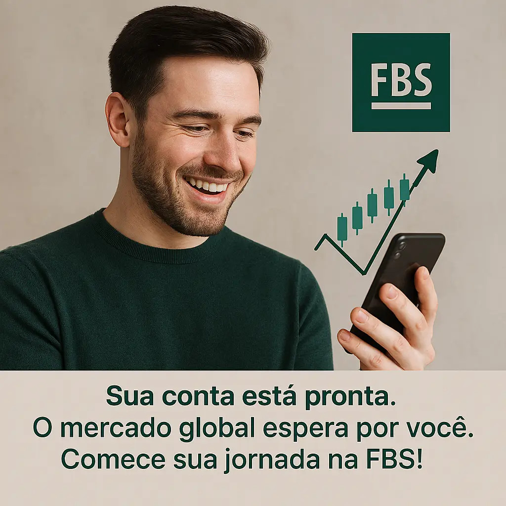 Pessoa feliz olhando para um gráfico de Forex ascendente no celular, com o logo da FBS em destaque.