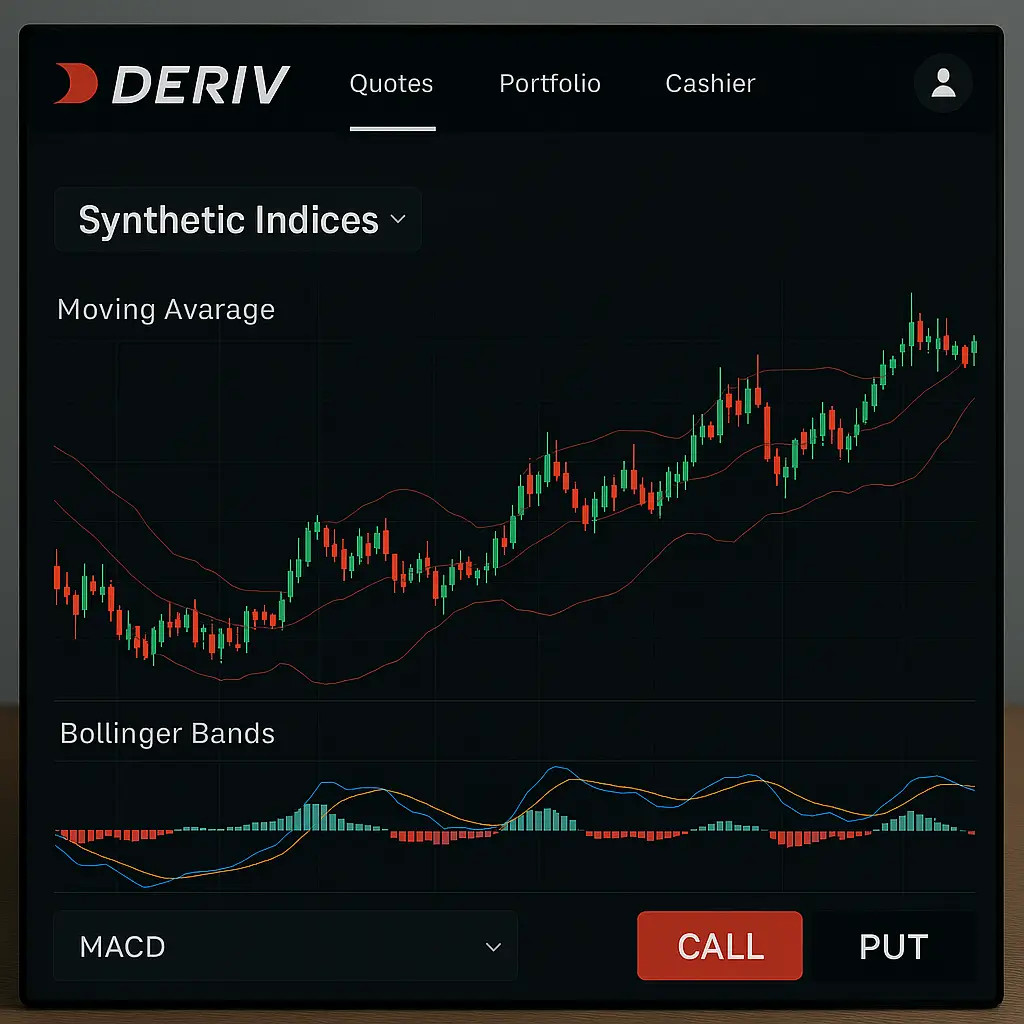 Visão geral da plataforma de negociação Deriv MT5, destacando a interface e a variedade de ativos, incluindo índices sintéticos.