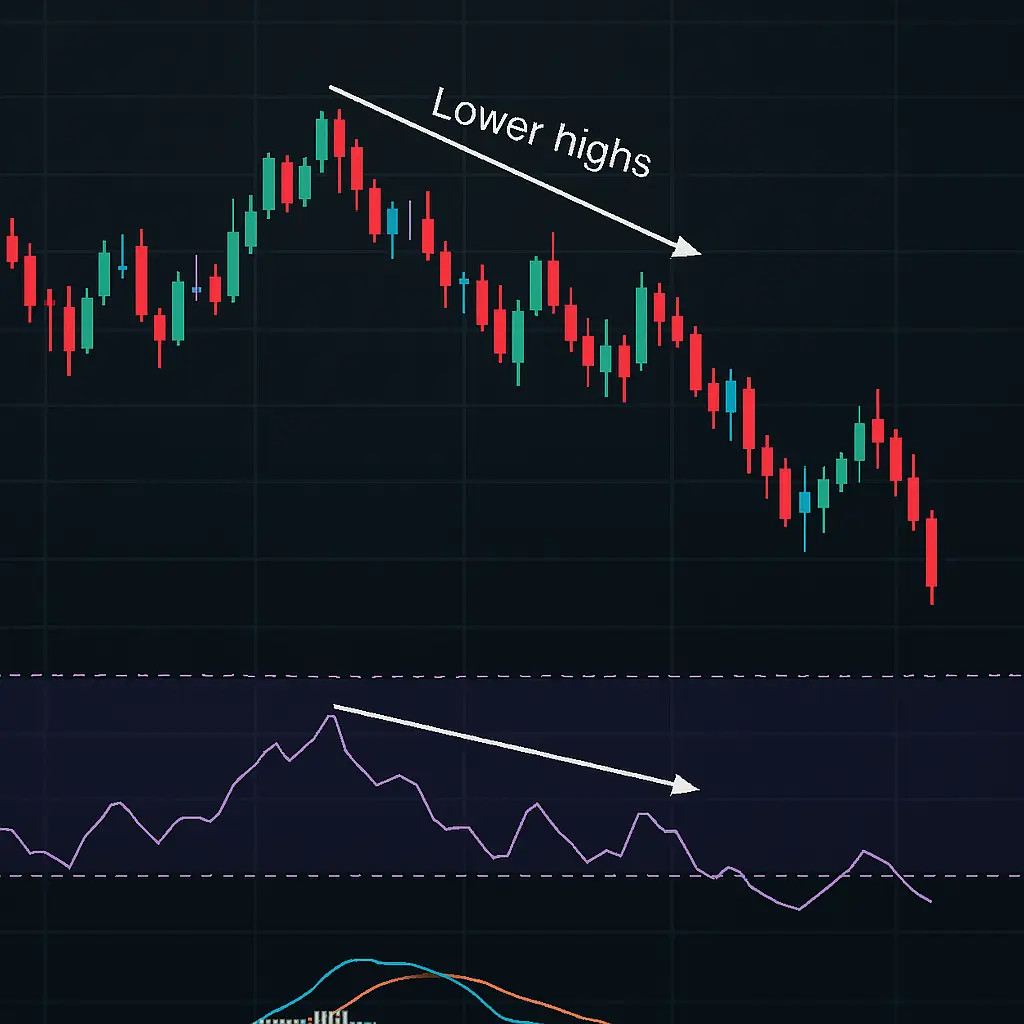 Exemplo de uma divergência de baixa no indicador RSI, um sinal de alerta para traders de Forex.