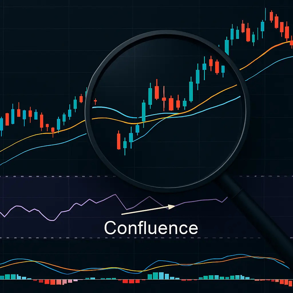 Lupa destacando um ponto de confluência de sinais de indicadores técnicos em um gráfico de Forex.