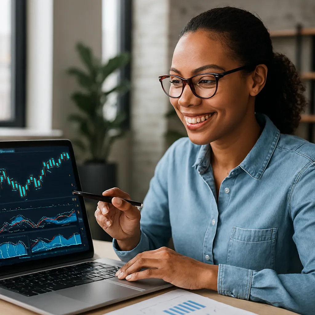 Mulher analisando gráficos da Deriv em um laptop, planejando sua estratégia como afiliado para ganhar renda passiva em dólar.
