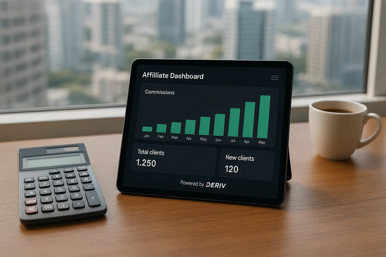 Calculadora ao lado de um tablet mostrando o painel de ganhos de um afiliado Deriv, simbolizando o cálculo do potencial de renda.