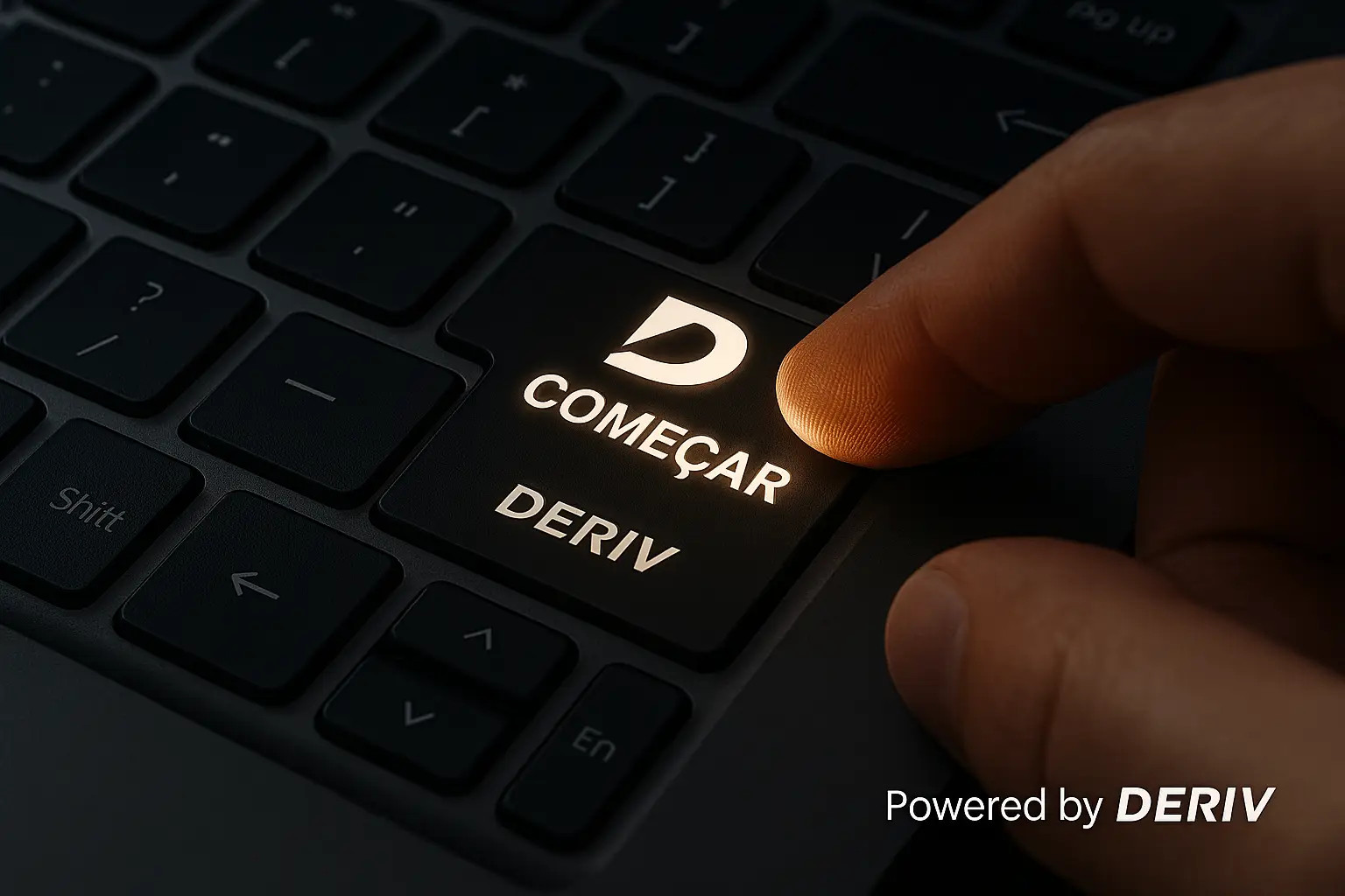  Mão prestes a pressionar a tecla 'Começar' com o logo da Deriv, simbolizando a decisão de iniciar como afiliado.