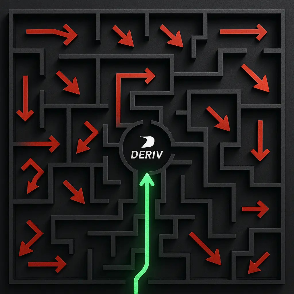 Labirinto simbolizando os erros que afiliados Deriv cometem, com uma seta verde mostrando o caminho certo para o sucesso.