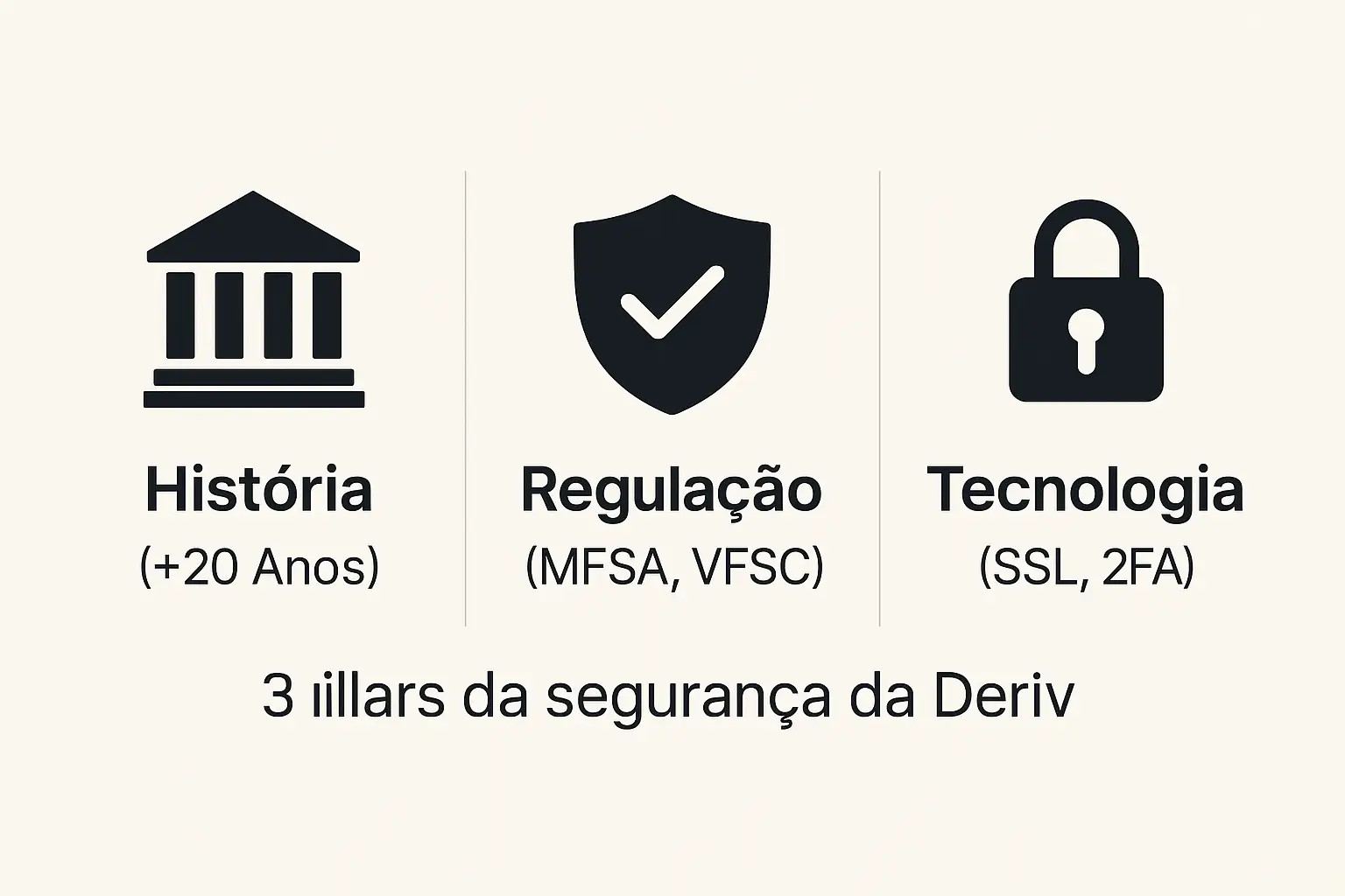 Infográfico mostrando os três pilares da confiabilidade da Deriv: mais de 25 anos de história, regulação internacional e tecnologia de segurança avançada