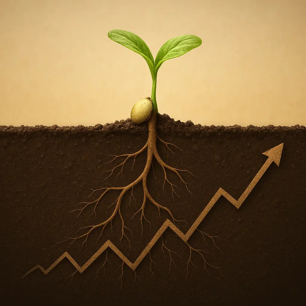 Semente brotando com raízes em forma de gráfico crescente, simbolizando como promover a Deriv com crescimento orgânico sem investir em anúncios.