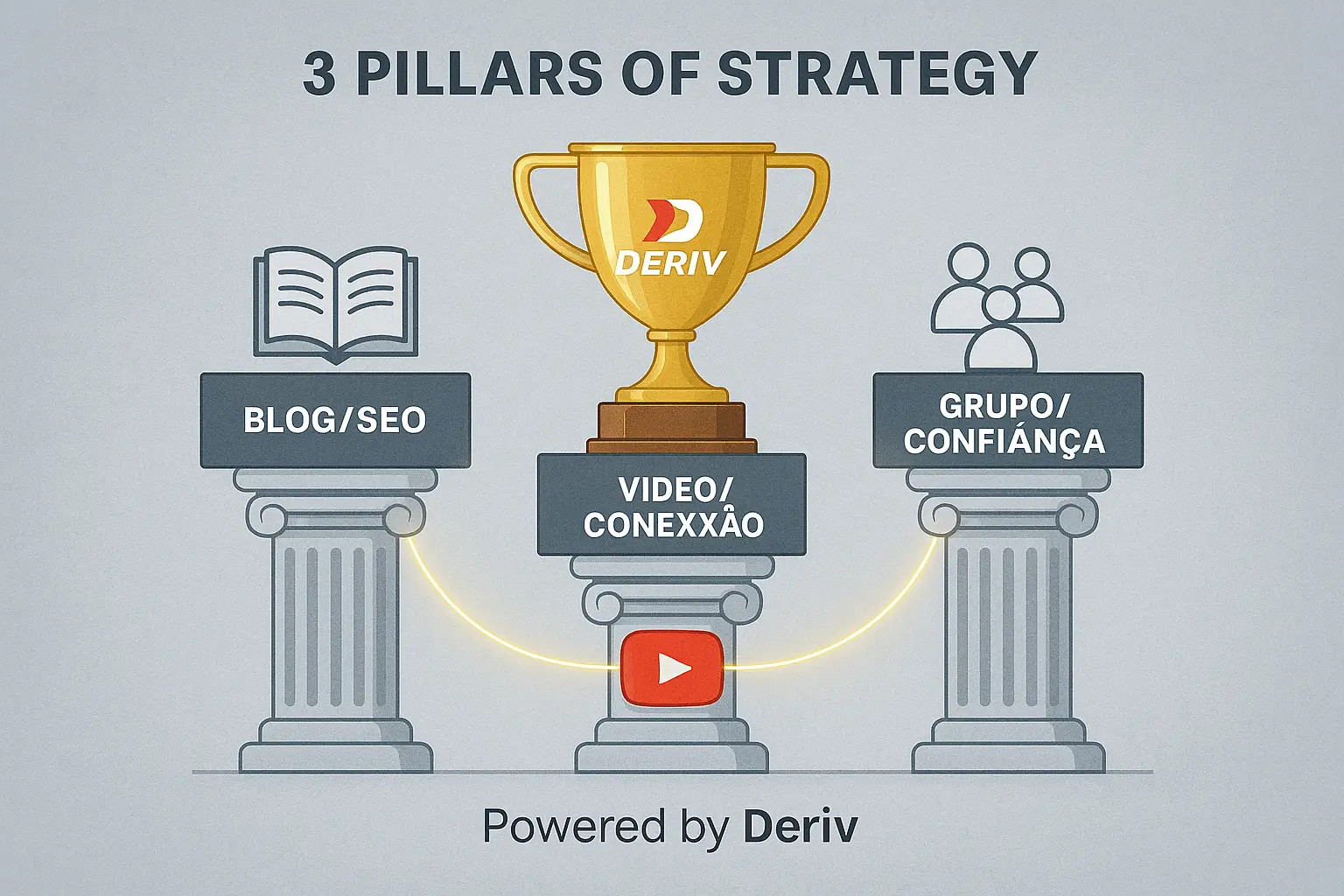 Infográfico com os 3 pilares da melhor estratégia para afiliados Deriv: Blog com SEO, YouTube para conexão e Grupo para confiança.