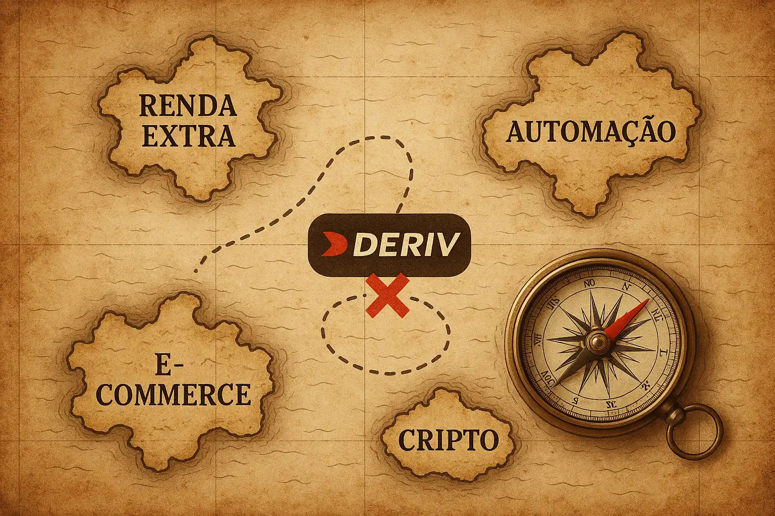 Mapa de tesouro com ilhas de nichos de mercado para promover a Deriv e ganhar em dólar.
