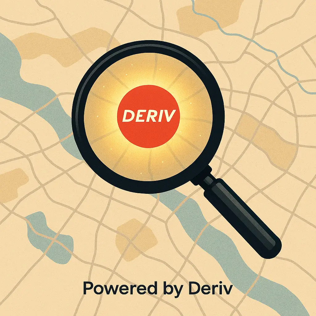 Lupa focando em um nicho de mercado no mapa, revelando o logo da Deriv, simbolizando a descoberta de oportunidades.