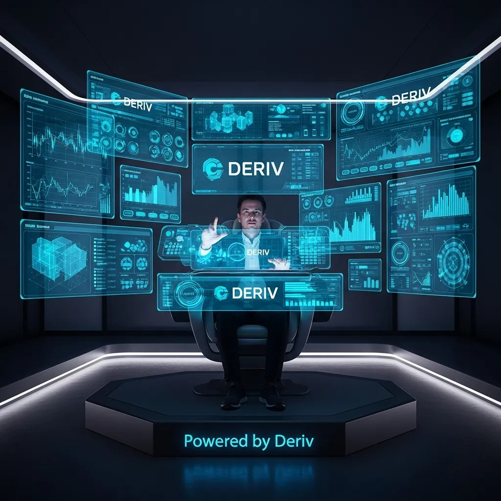 Trader em um centro de comando futurista, simbolizando o controle total oferecido pelo Trader's Hub da Deriv.