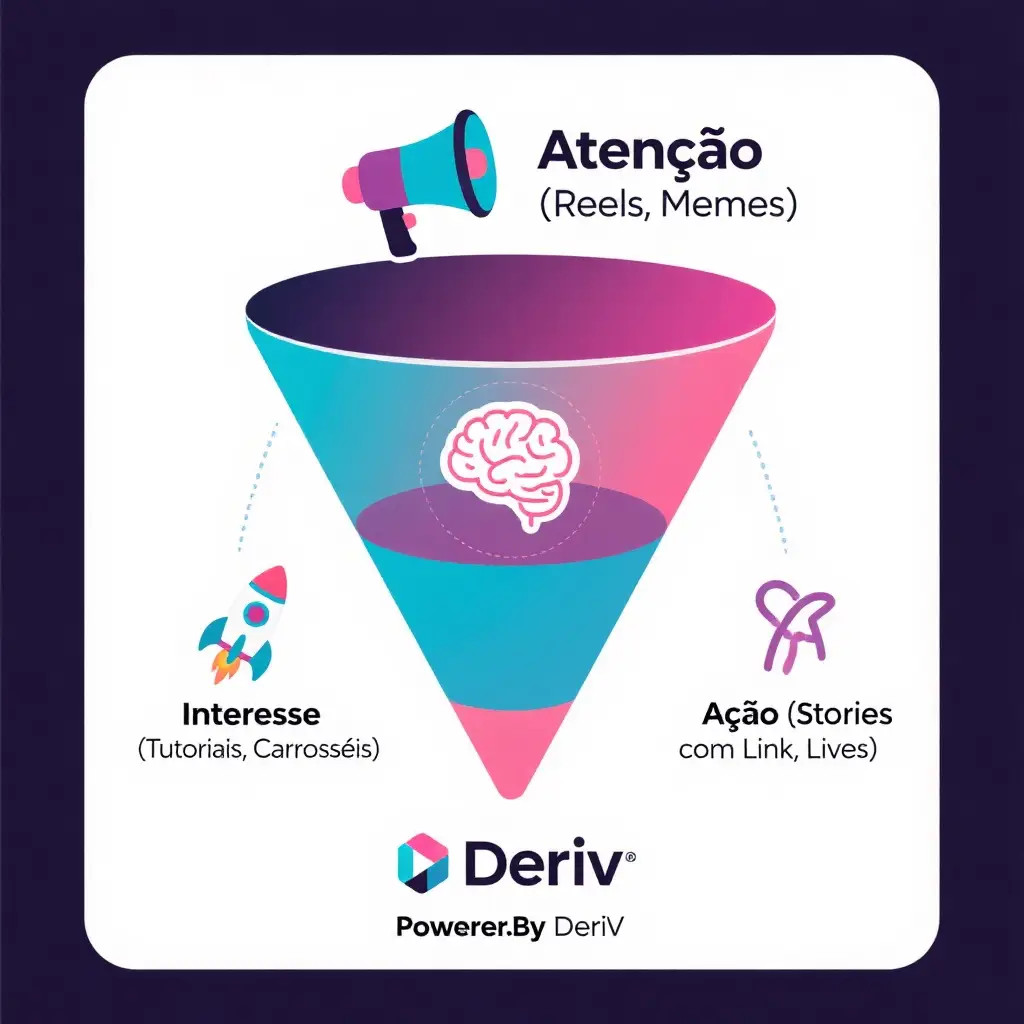 Funil de conteúdo para afiliados Deriv, mostrando as etapas de Atenção, Interesse e Ação para converter seguidores.