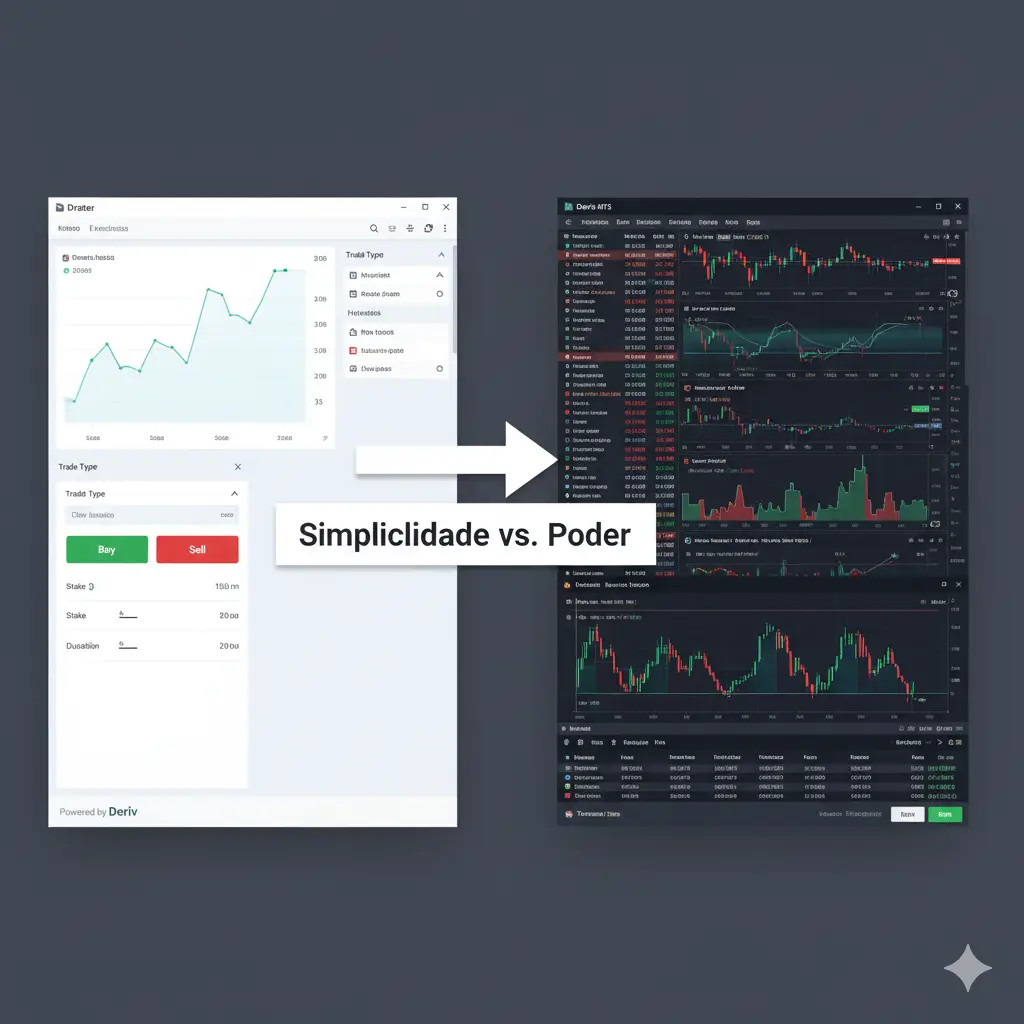 Comparativo entre as plataformas DTrader e Deriv MT5, mostrando a diferença entre simplicidade e poder de análise.