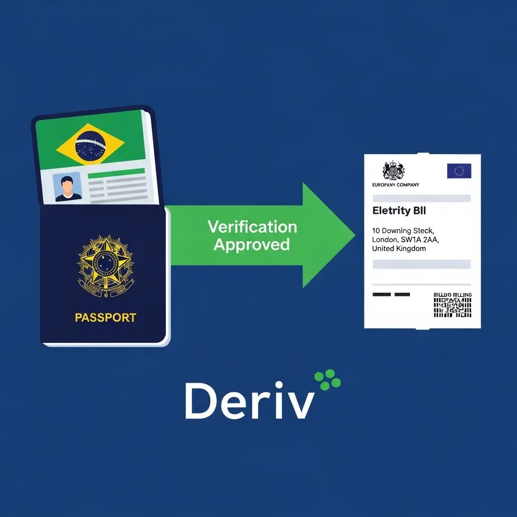 Processo de verificação de conta na Deriv para expatriados, usando passaporte brasileiro e comprovante de residência do exterior.