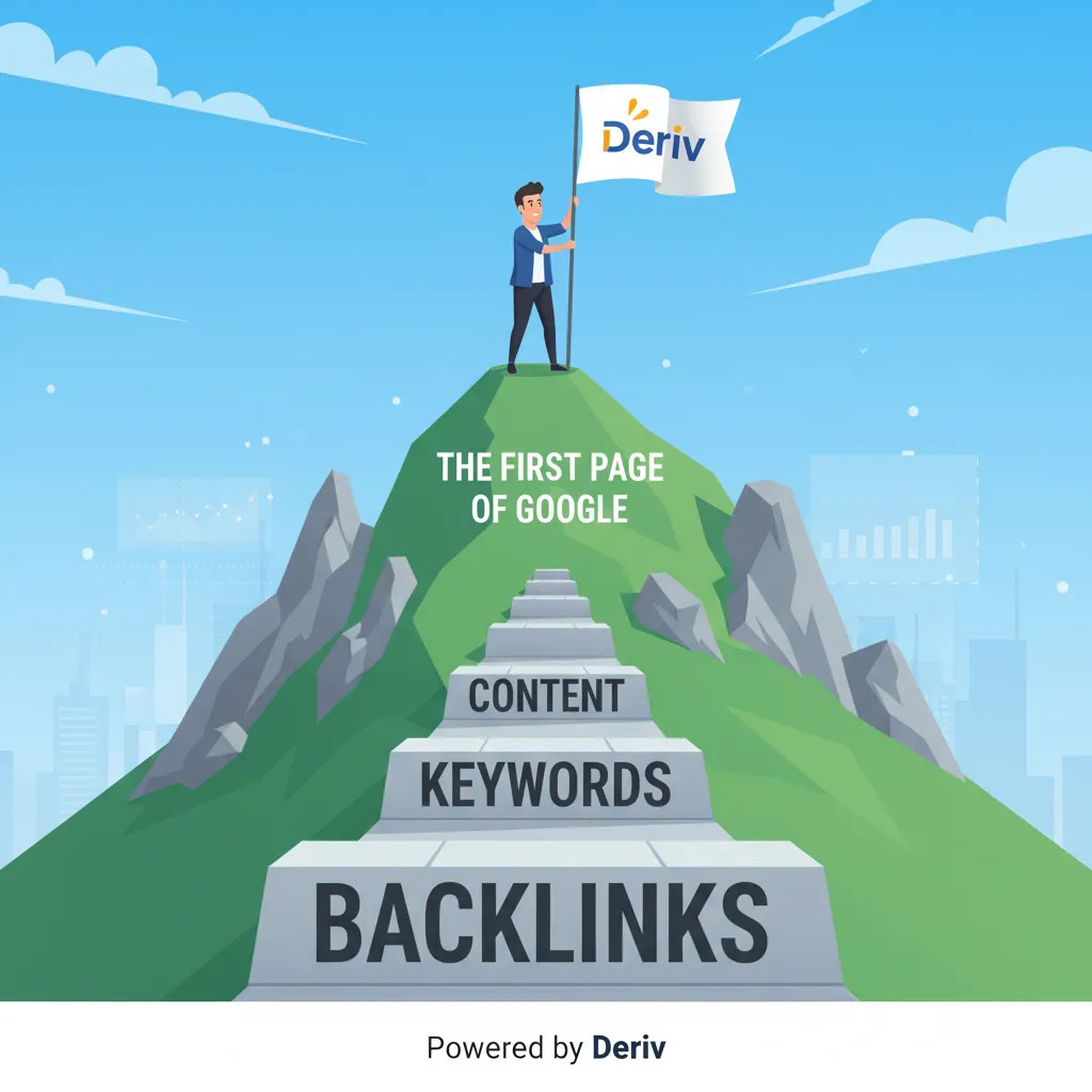 Estratégia de SEO para afiliados Deriv, mostrando o caminho para dominar o Google com conteúdo, palavras-chave e backlinks.