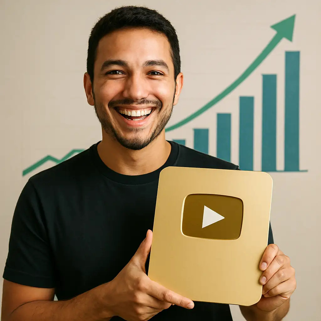 Afiliado Deriv de sucesso segurando um prêmio do YouTube, simbolizando a conquista de autoridade e renda com seu canal.
