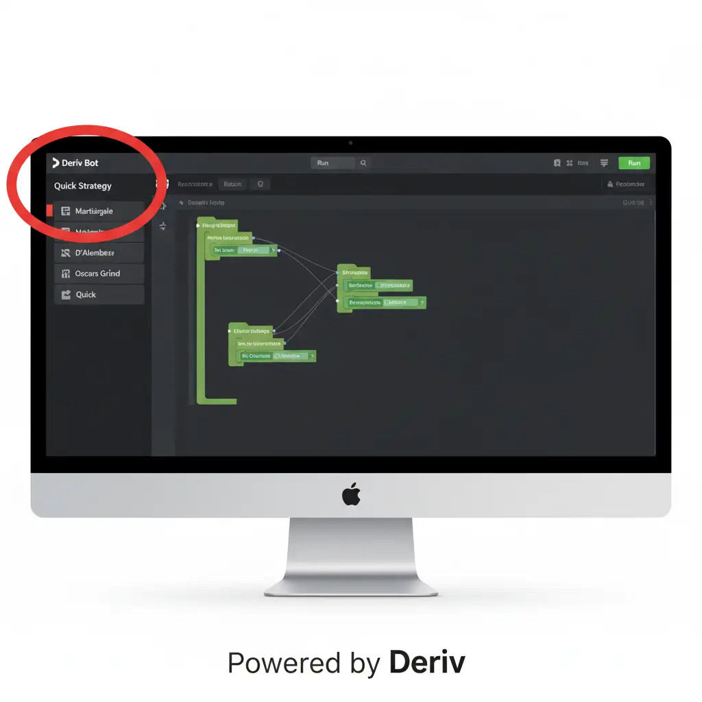 Tutorial visual de como usar a função Quick Strategy no Deriv Bot, um modelo de post para Instagram.