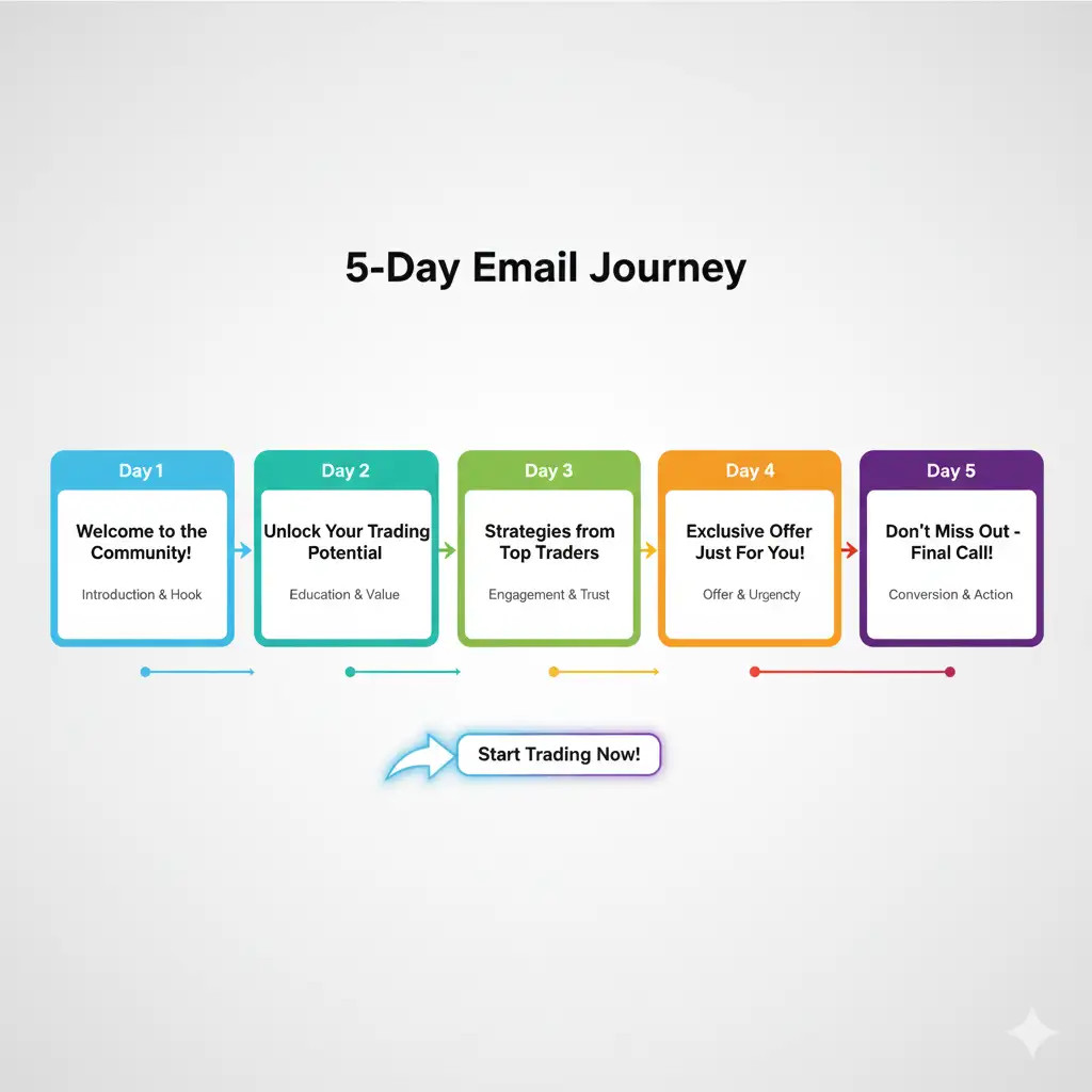 Infográfico da sequência de e-mails perfeita para um afiliado Deriv, mostrando a jornada do lead da captura à conversão.
