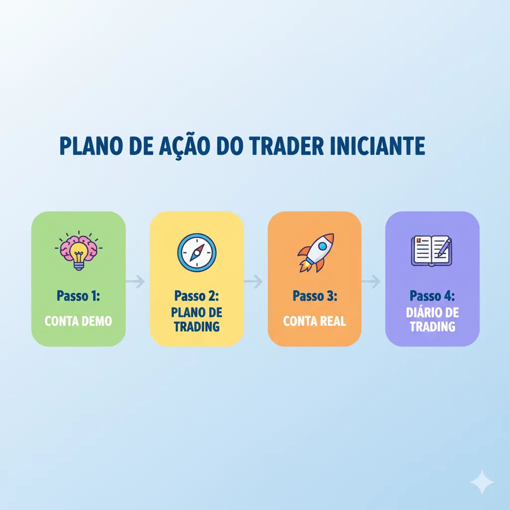 Plano de ação de 4 passos para um trader iniciante ganhar dinheiro na Deriv de forma consistente.