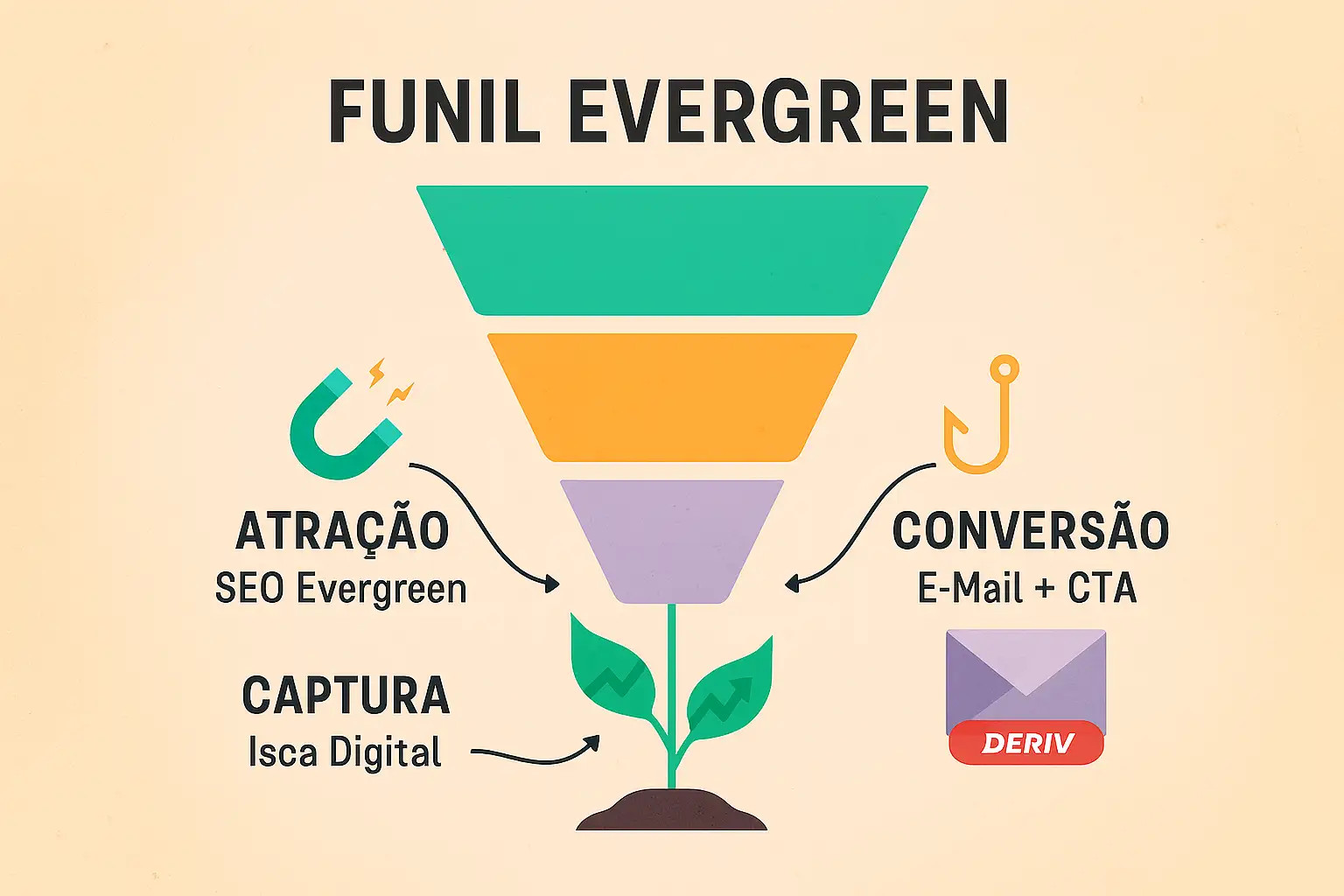 Infográfico mostrando o funil de conteúdo evergreen para afiliados Deriv, desde a atração com SEO até a conversão.
