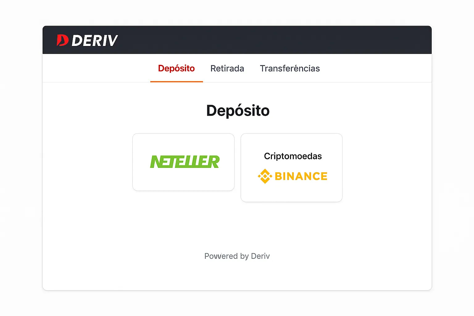 Tela de depósito da corretora Deriv mostrando as opções de pagamento com Neteller e criptomoedas para usar com a Binance.