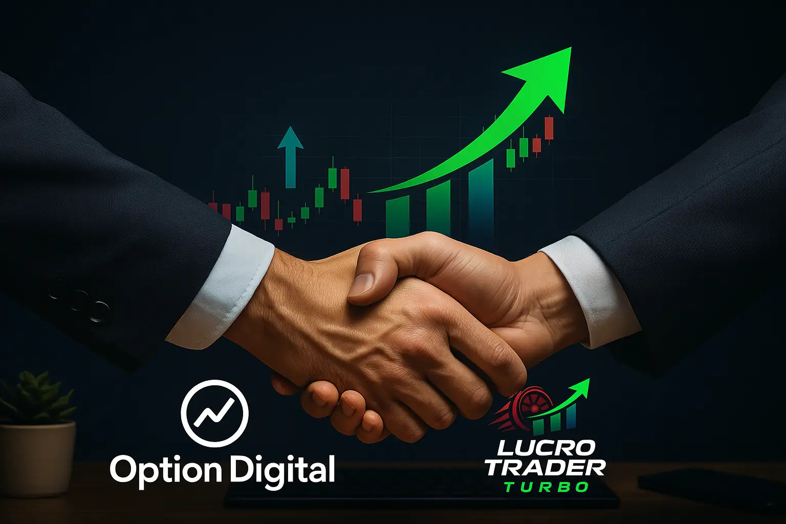 Imagem profissional de uma aliança entre Option Digital e Lucro Trader Turbo, simbolizando confiança, crescimento e colaboração no setor de investimentos.