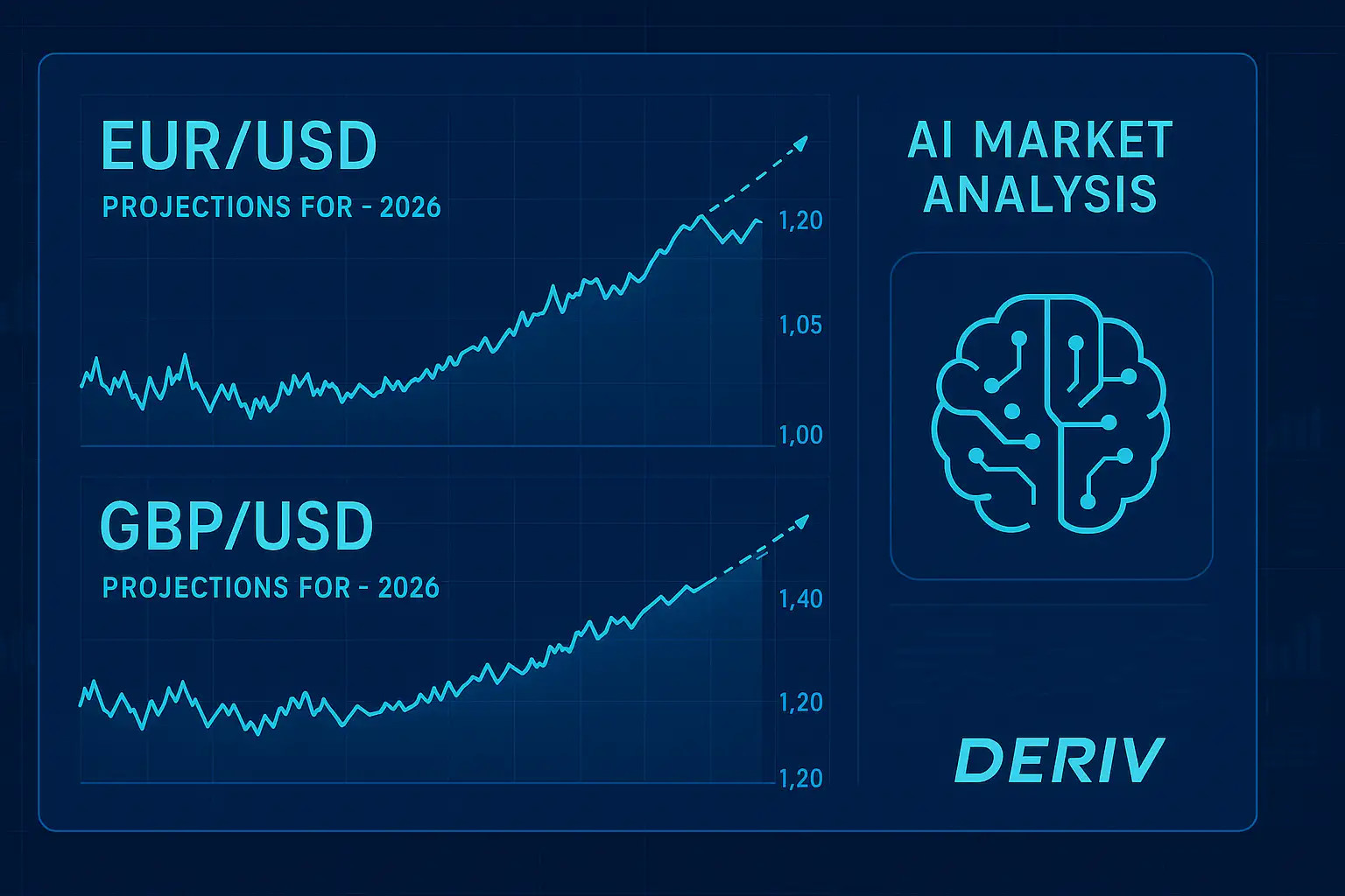 gráfico de projeções de EUR/USD e GBP/USD em painel de IA conectado à Deriv