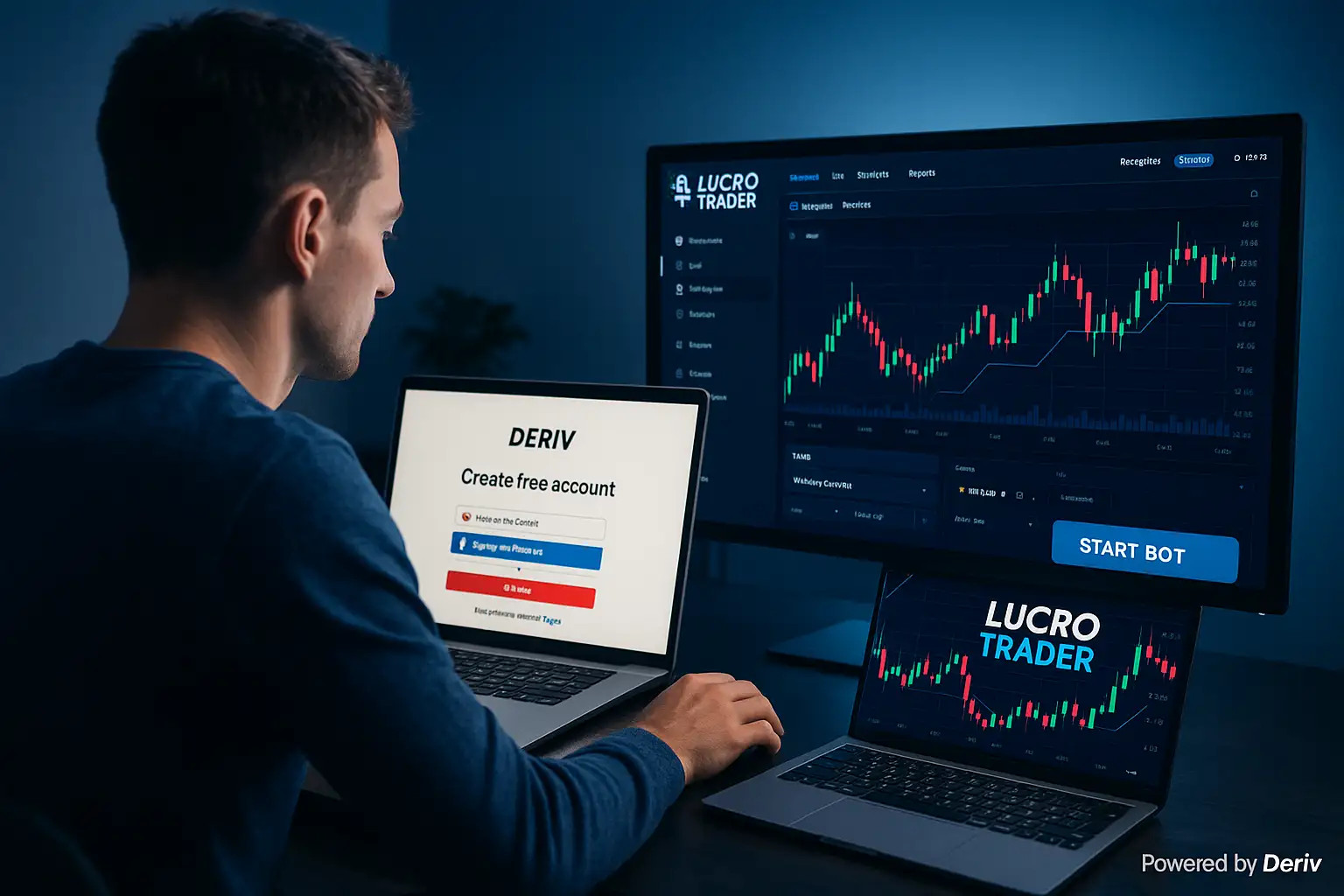 trader iniciando cadastro na Deriv enquanto visualiza a plataforma Lucro Trader em segundo monitor