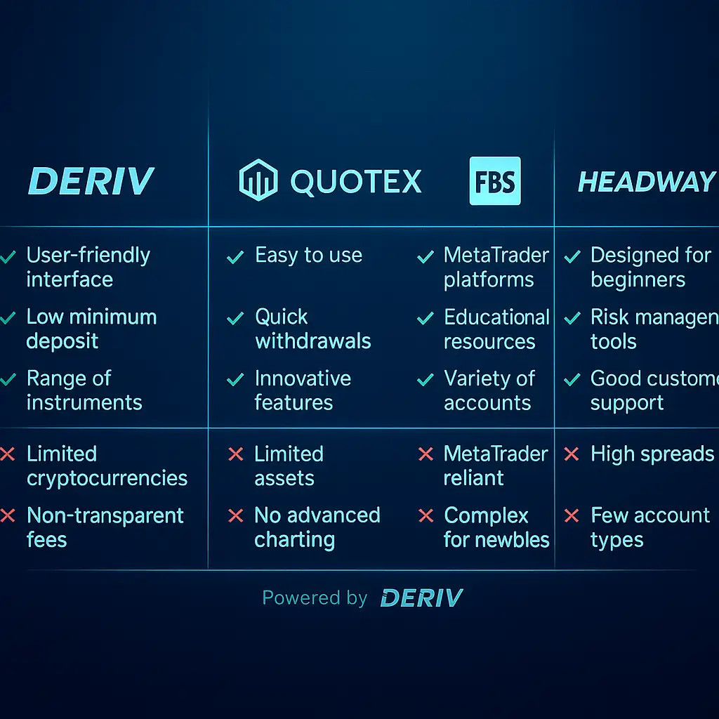 gráfico comparativo detalhado entre Deriv, Quotex, FBS e Headway