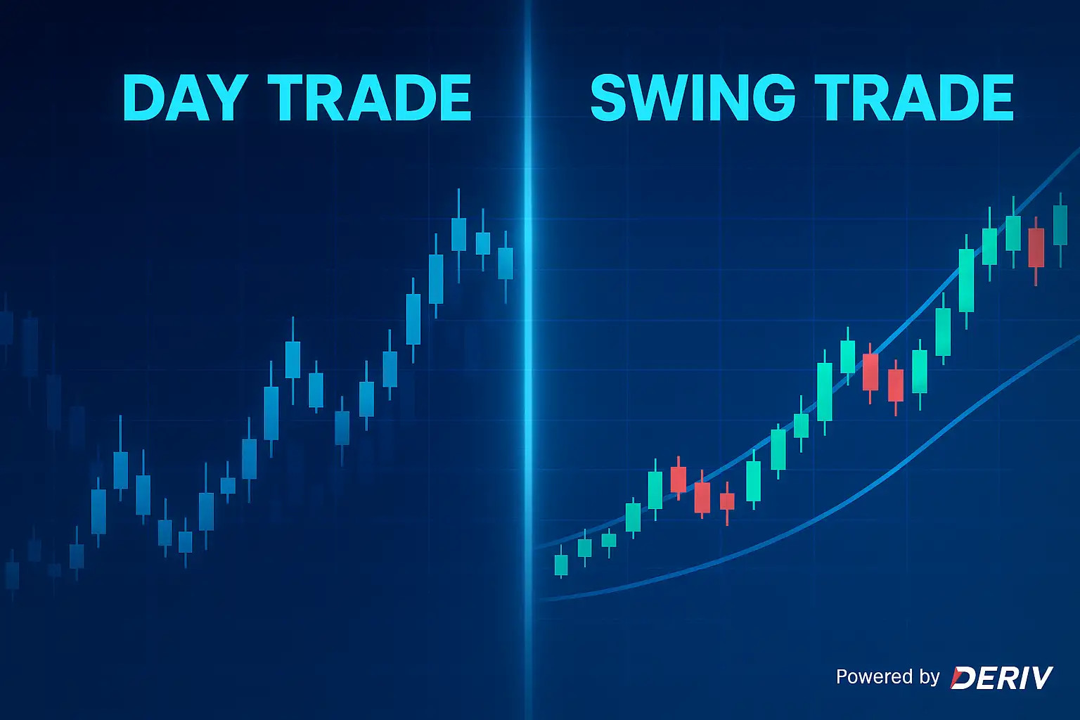 ilustração comparando day trade e swing trade com gráficos de candles e tendências