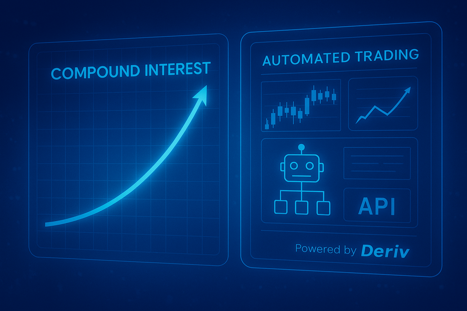 curva exponencial ao lado de painel automatizado conectado via API à Deriv
