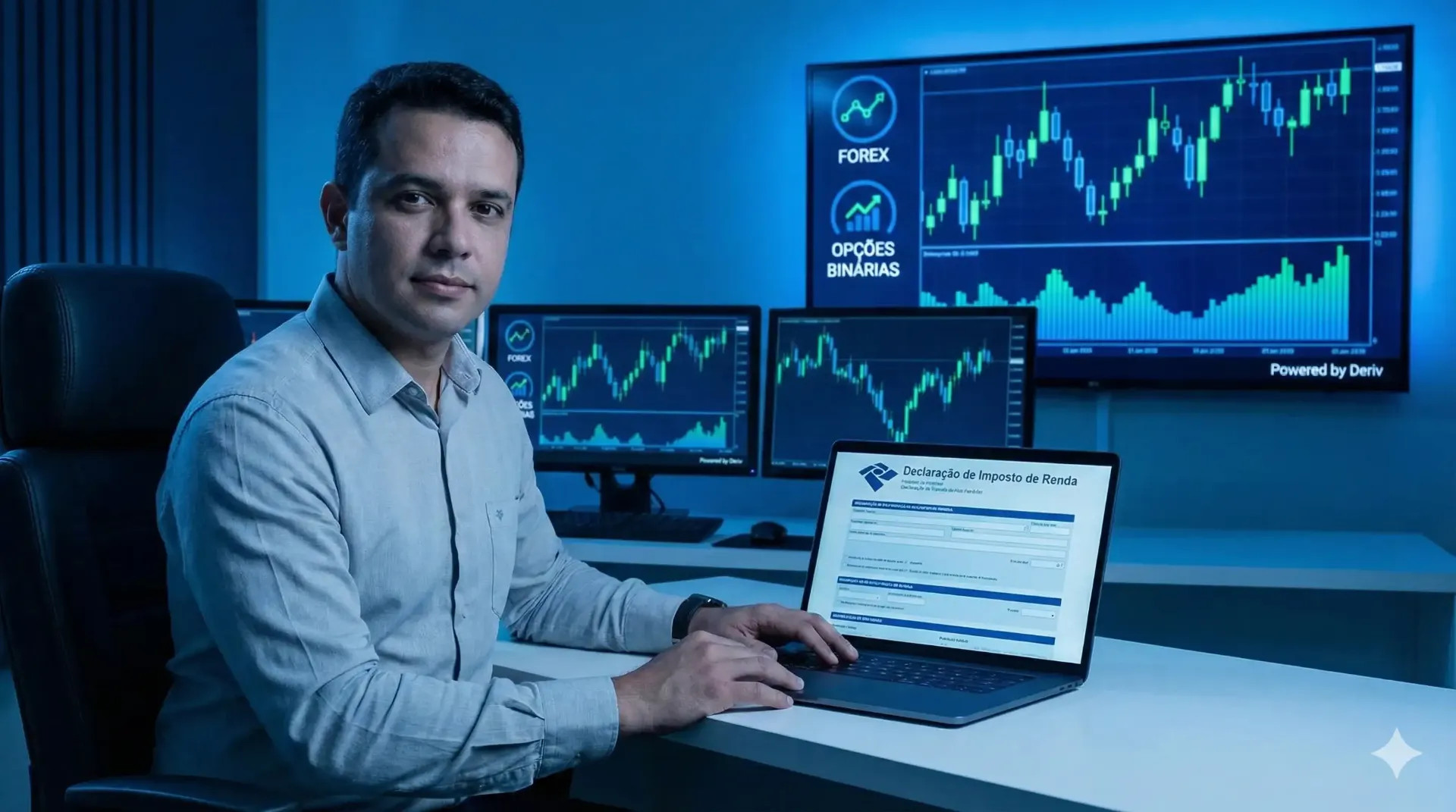 trader brasileiro preenchendo imposto de renda com gráficos de Forex e opções binárias ao fundo