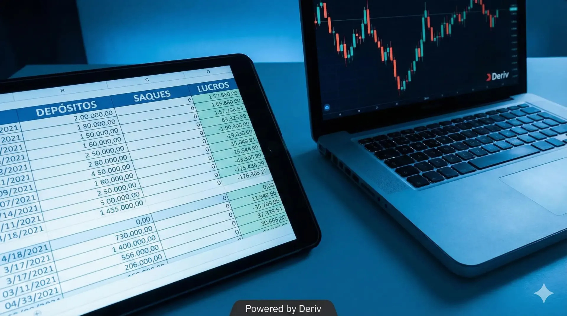 planilha de controle de imposto de renda para traders ao lado de tela com gráfico da Deriv