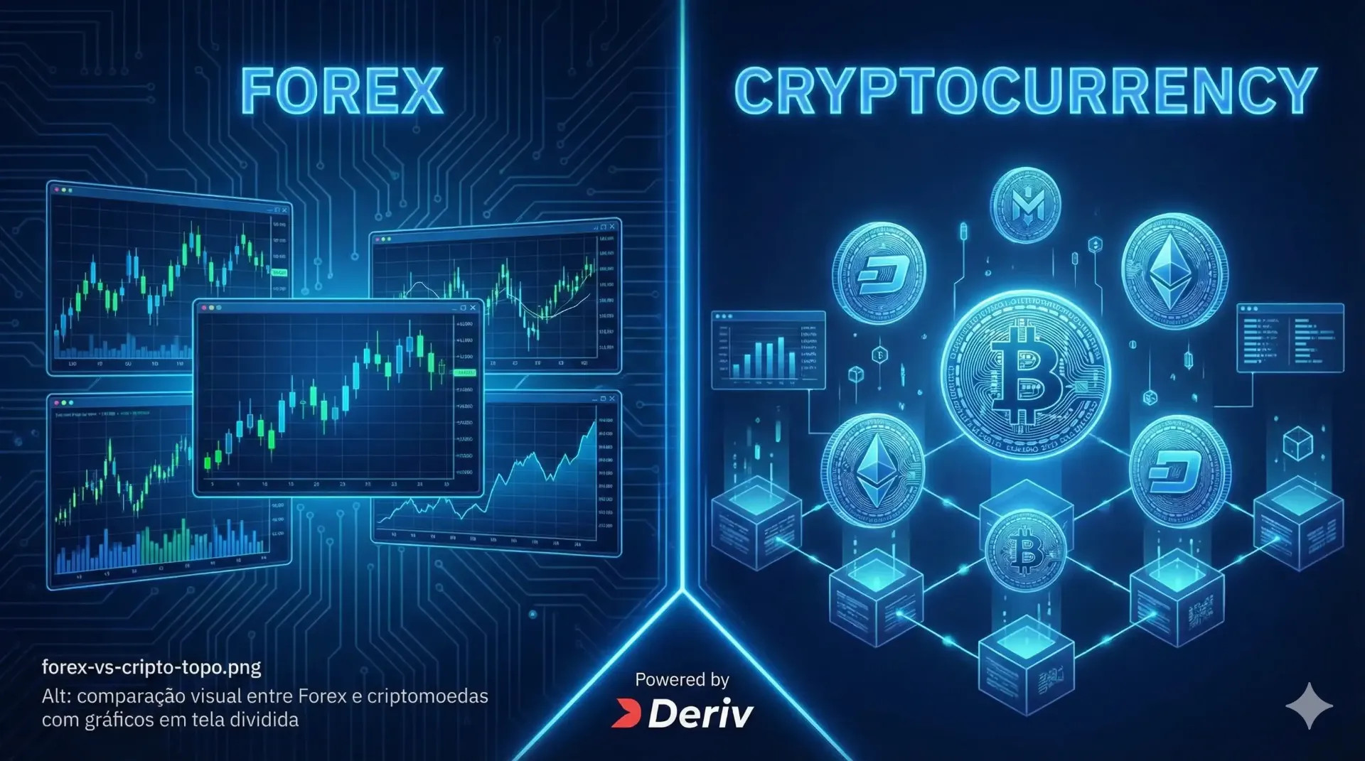 comparação visual entre Forex e criptomoedas com gráficos em tela dividida
