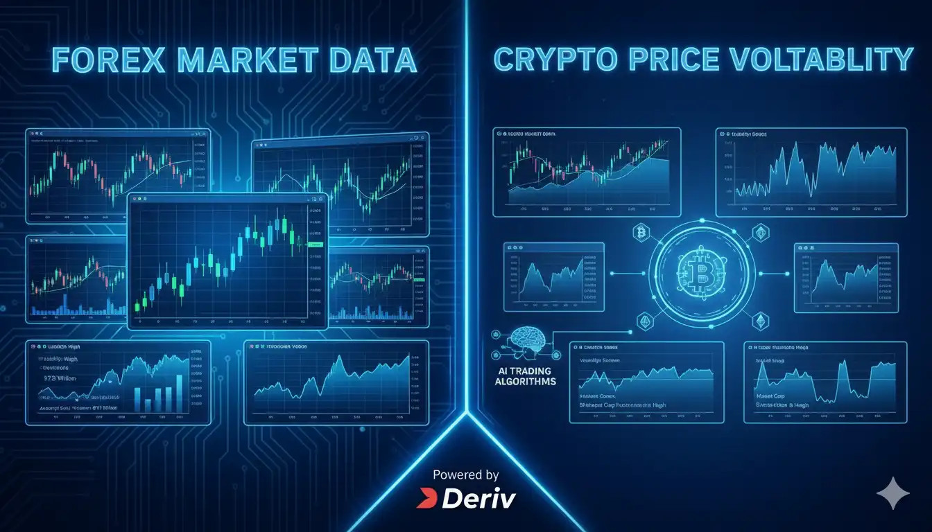 painel comparativo mostrando volatilidade e liquidez entre Forex e criptomoedas