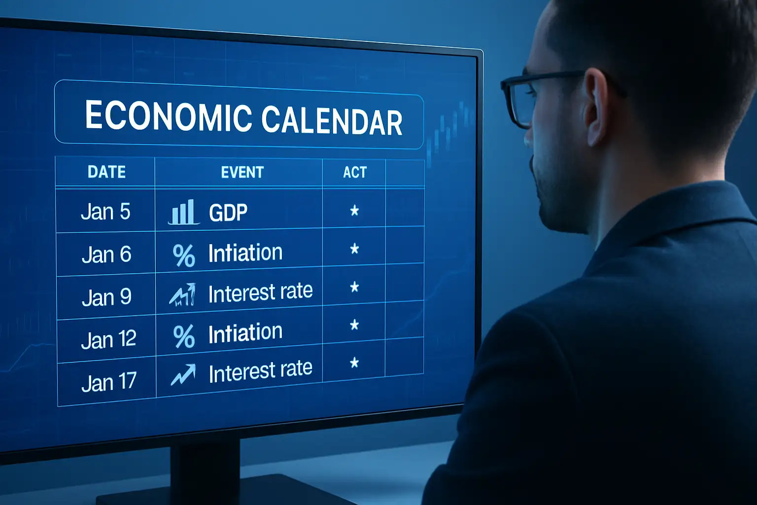 trader analisando calendário econômico com indicadores como PIB, inflação e juros para operar Forex