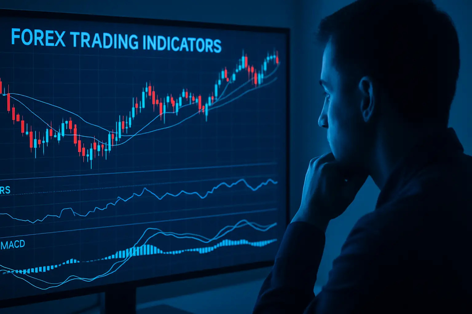painel com indicadores técnicos como RSI, MACD e médias móveis em gráfico de Forex