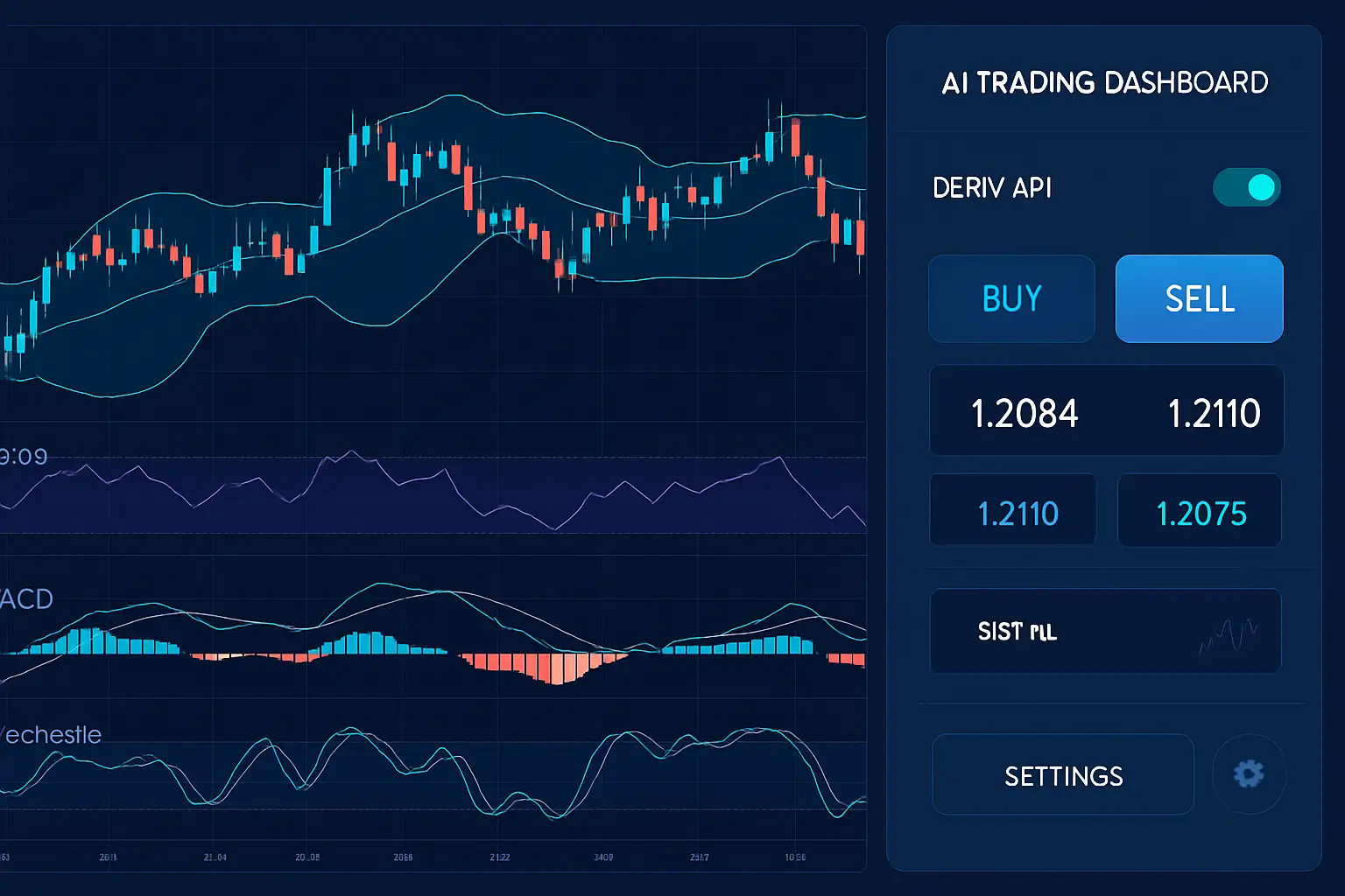 gráfico Forex com RSI, MACD, Bandas de Bollinger e Estocástico combinados em painel de análise