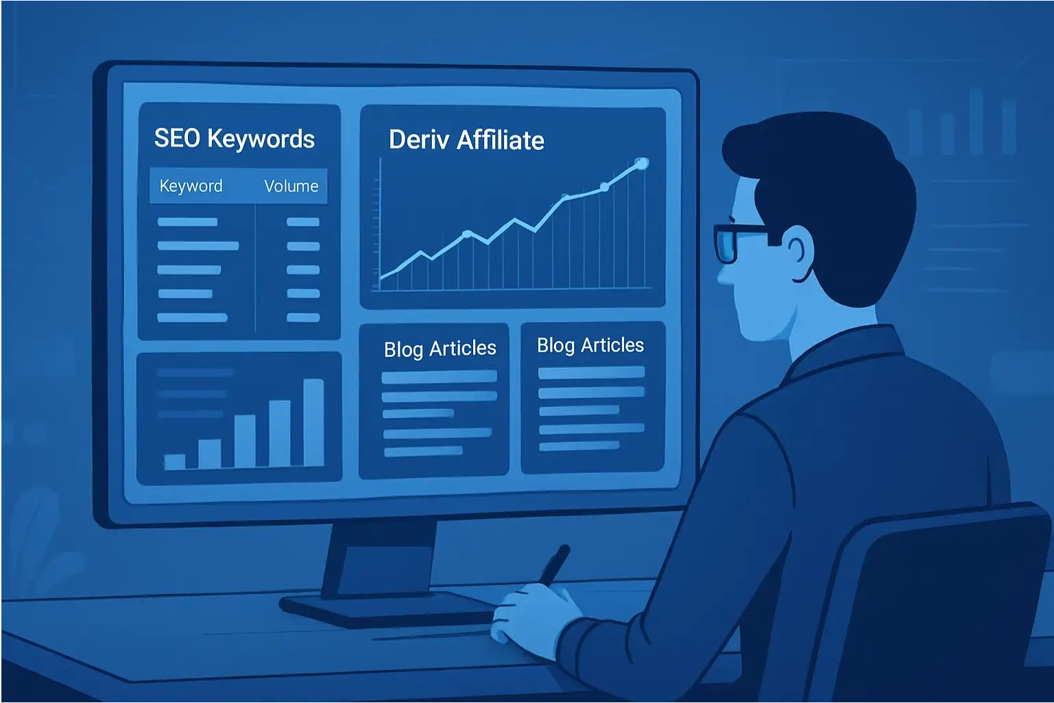 afiliado analisando painel de SEO e desempenho de conteúdo para promover Deriv e Lucro Trader