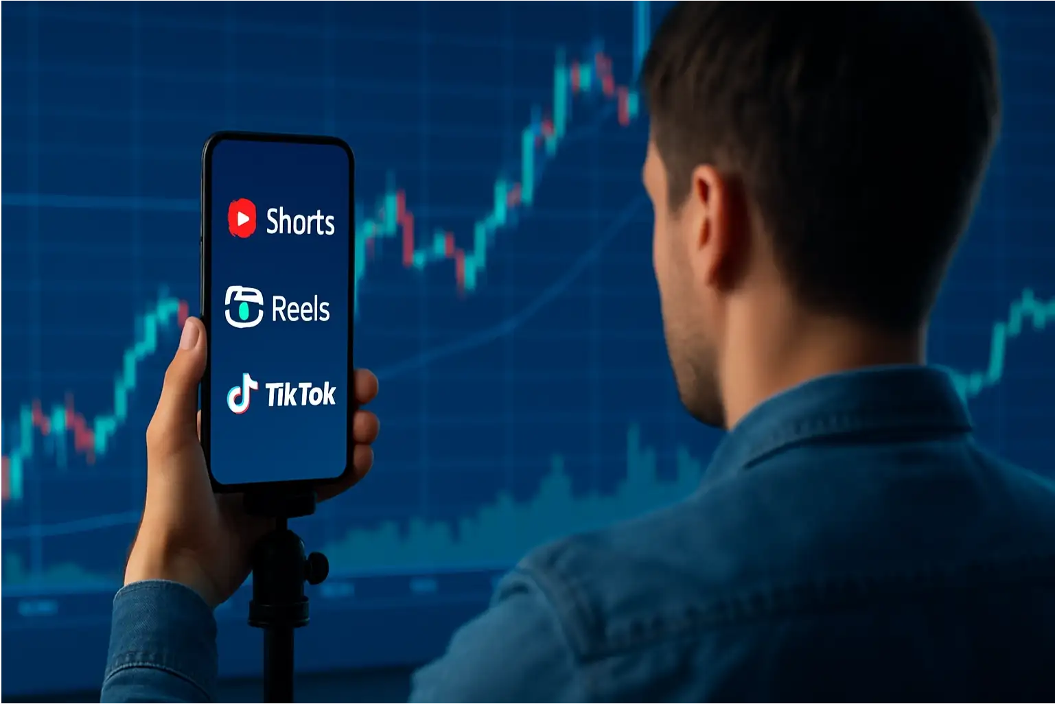 criador gravando vídeos curtos para YouTube Shorts, Reels e TikTok com tema de trading e Forex