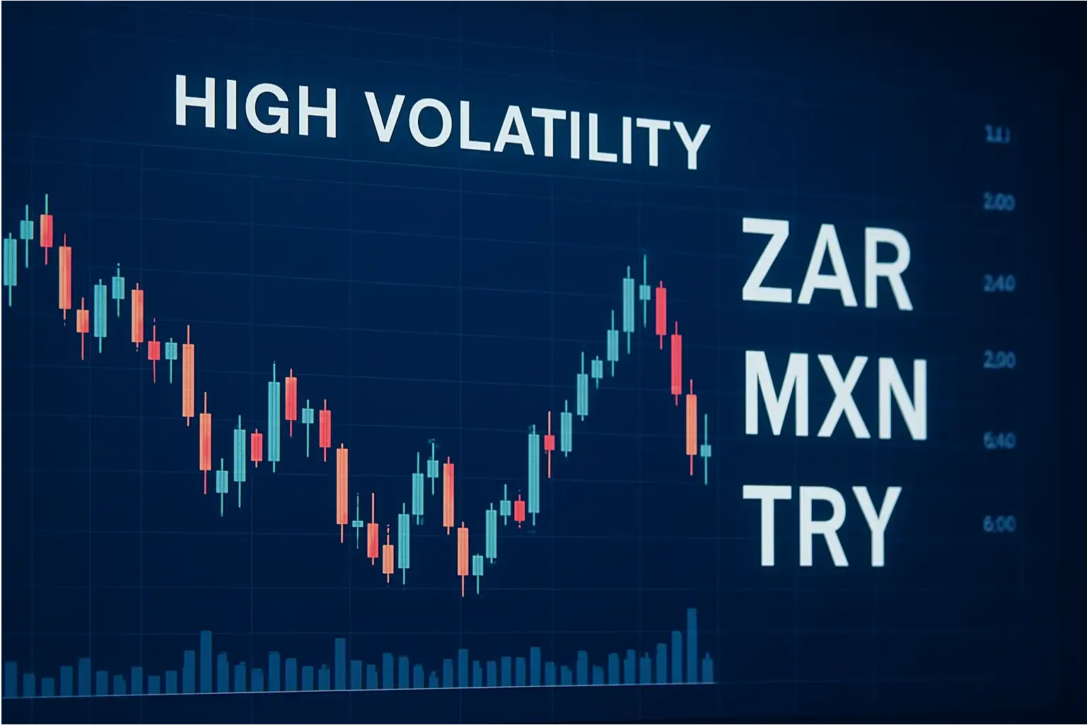 moedas emergentes com alta volatilidade em gráfico Forex representando oportunidades de trading em 2026