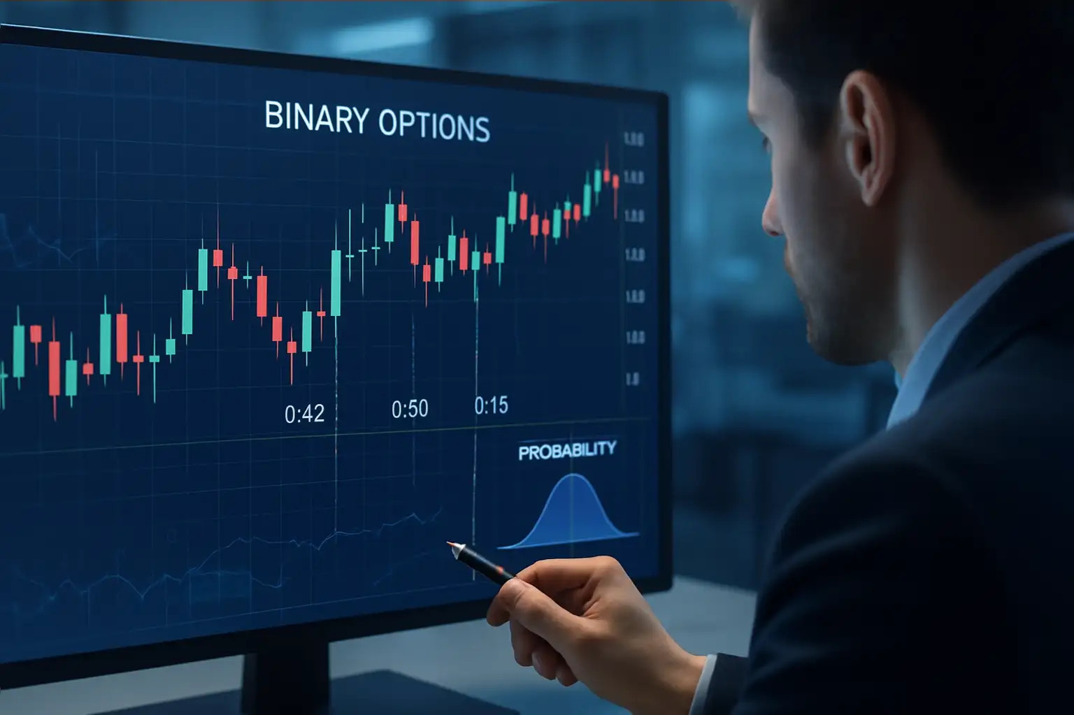 trader analisando opções binárias em gráfico de velas com tempo de expiração