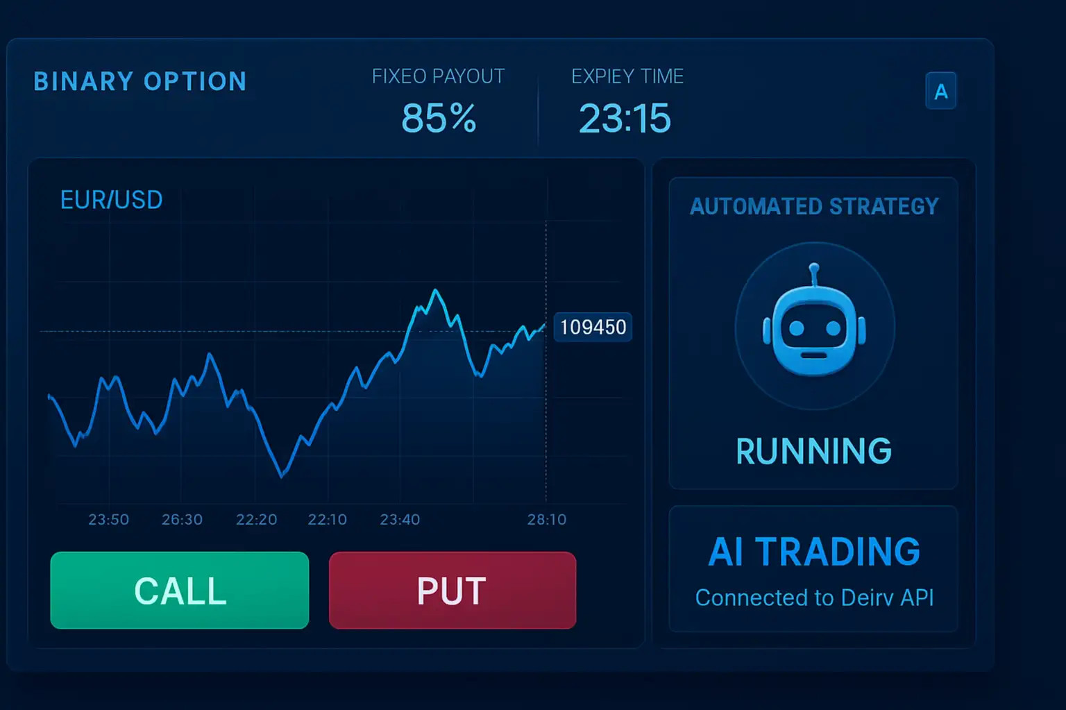 painel de opções binárias mostrando payout, tempo de expiração e estratégia automatizada