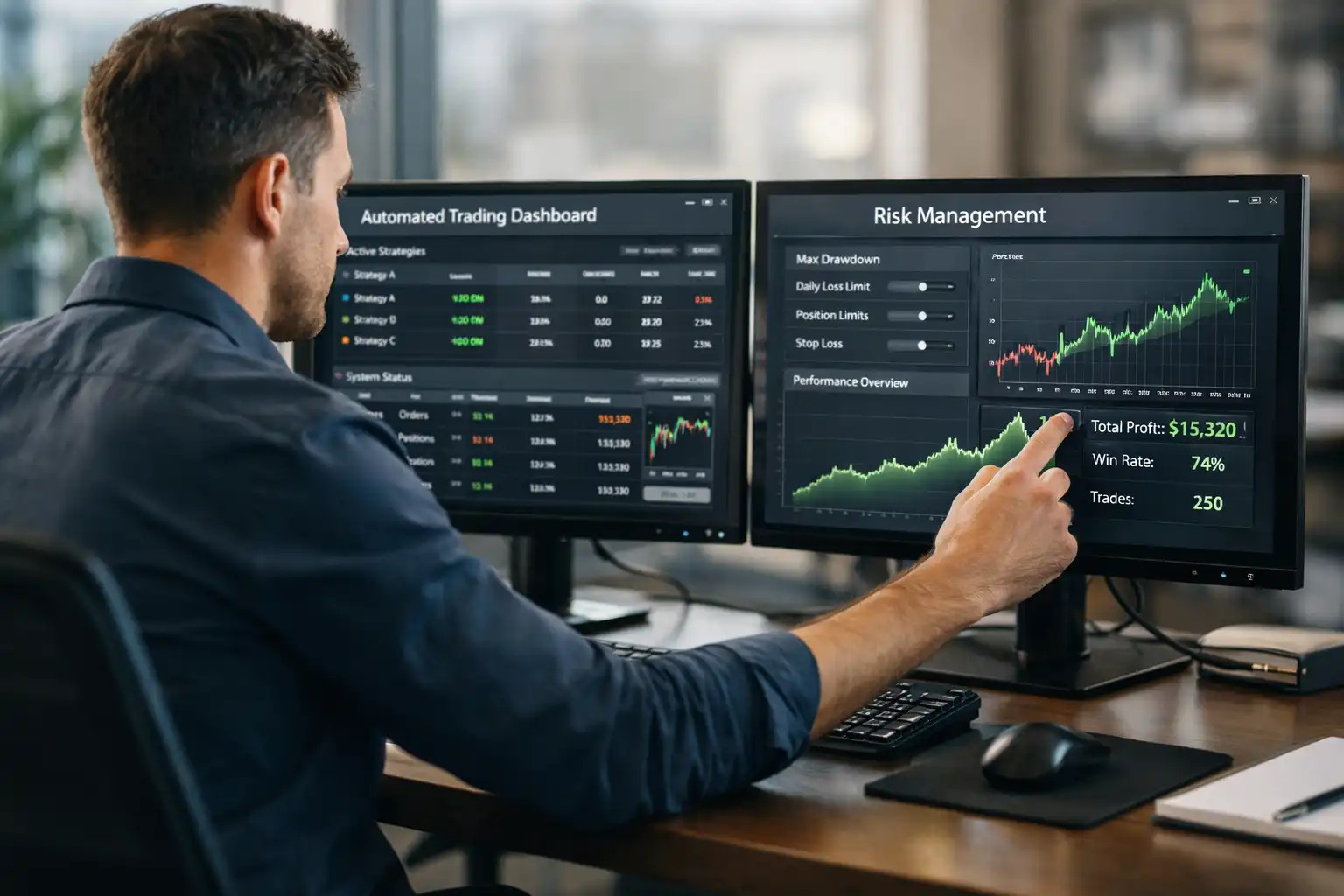 Trader em escritório moderno configurando automação de trades em painel de risco com dois monitores