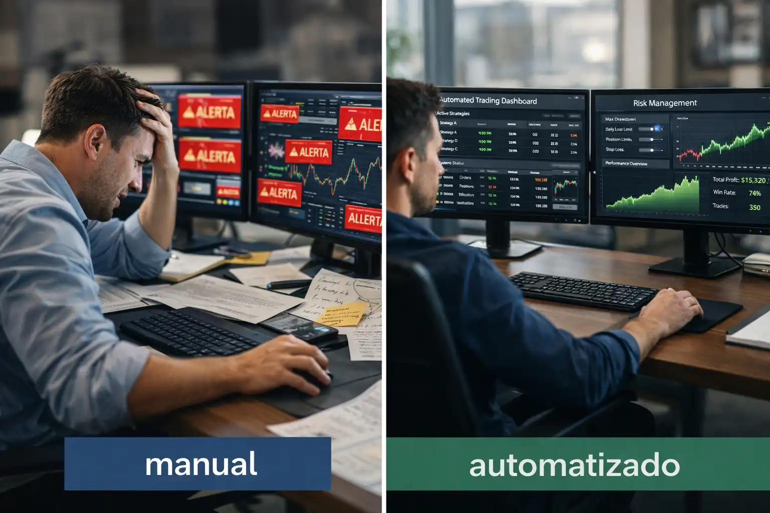 Comparação entre trader operando manualmente com estresse e trader monitorando robô com painel de risco